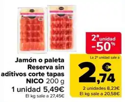 Carrefour Nico jamón o paleta reserva sin aditivos corte tapas oferta