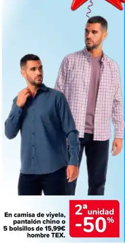 Carrefour hombre TEX camisa de viyela pantalón chino o 5 bolsillos oferta