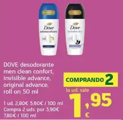 HiperDino Dove desodorante men clean comfort, invisible advance, original advance, roll on oferta