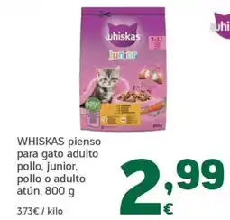HiperDino whiskas pienso para gato adulto pollo, junior, pollo o adulto atún oferta