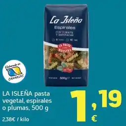 HiperDino La Isleña pasta vegetal, espirales o plumas oferta