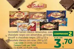 HiperDino Suchard turrón clásico, almendras, oreo, chocolate negro con almendras, principe, biscoff o chocolate negro, chocolate blanco oferta