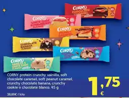 HiperDino Corny protein crunchy vainilla, soft chocolate caramel, soft peanut caramel, crunchy chocolate banana, crunchy cookie o choco oferta