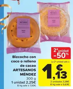 Carrefour Artesanos Mendez bizcocho con coco o relleno de cacao oferta