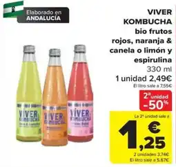 Carrefour Viver kombucha bio frutos rojos, naranja & canela o limón y espirulina oferta