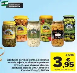Carrefour Bravo aceitunas partidas aloreña, aceitunas morada zajada, aceituna chupadedos, ajos aliñados blancos, aceitunas aloreña D.O. oferta