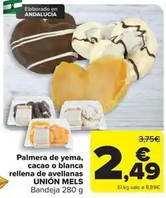 Carrefour Union mels - palmera de yema, cacao o blanca rellena de avellanas oferta