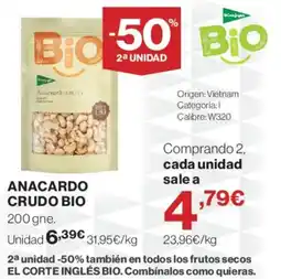 Supercor El corte inglés bio anacardo crudo bio oferta