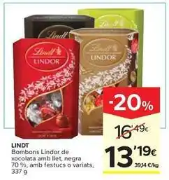 Caprabo Lindt - bombons lindor de xocolata amb llet, negra 70%, amb festucs oferta