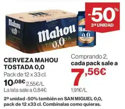 Hipercor Mahou cerveza tostada 0,0 oferta