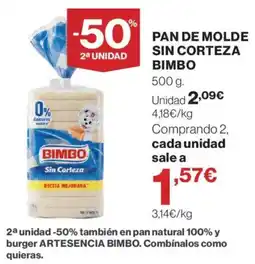 Hipercor Bimbo pan de molde sin corteza oferta