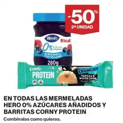 Hipercor Hero mermeladas 0% azúcares añadidos y Corny Protein barritas oferta
