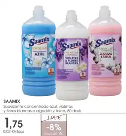 Supermercados Plaza Saamix suavizante concentrado azul, violetas y flores blancas o algodón y talco oferta