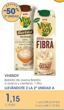 Supermercados Plaza Vivesoy bebida de avena barista o avena y centeno oferta