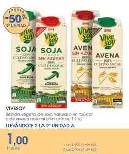 Supermercados Plaza Vivesoy bebida vegetal de soja natural o sin azúcar o de avena natural o sin azúcar oferta
