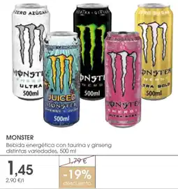 Supermercados Plaza Monster bebida energética con taurina y ginseng distintas variedades oferta