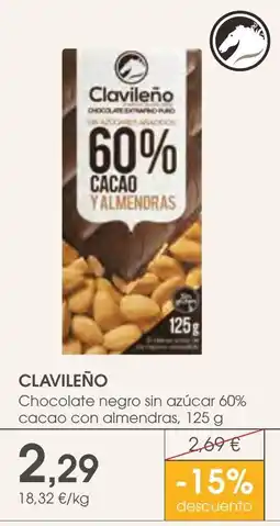 Supermercados Plaza Clavileño chocolate negro sin azúcar 60% cacao con almendras oferta