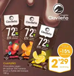 Supermercados Plaza Clavileño chocolate negro 72% naranja, limón o frutas del bosque oferta