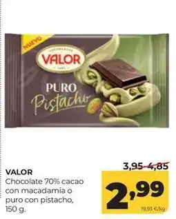 Alimerka Valor - chocolate 70% cacao con macadamia o puro con pistacho oferta