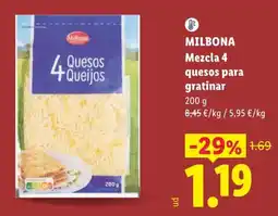 Lidl Milbona mezcla 4 quesos para gratinar oferta