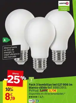 Leroy Merlin Lexman - pack 3 bombillas led e27 806 lm blanco calido oferta