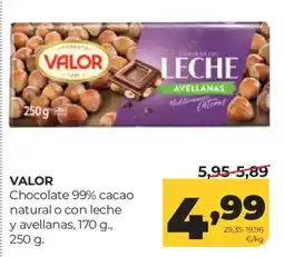 Alimerka Valor chocolate 99% cacao natural o con leche y avellanas oferta
