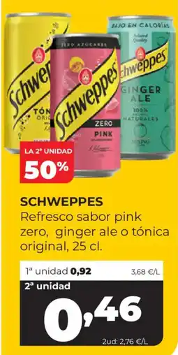 Alimerka Schweppes refresco sabor pink zero, ginger ale o tónica original oferta