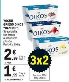 E.Leclerc Danone - oikos yogur griego stracciatella, con fresas o sabor lima y limón oferta