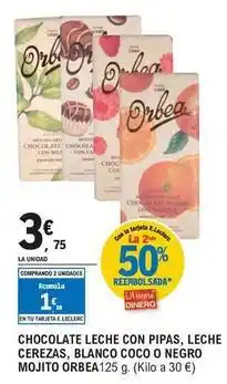 E.Leclerc Orbea - chocolate leche con pipas, leche cerezas, blanco coco o negro mojito oferta