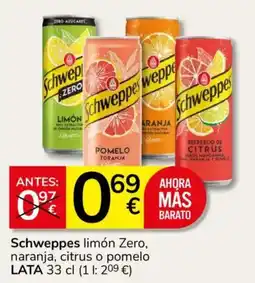 Consum Schweppes limón Zero, naranja, citrus o pomelo oferta