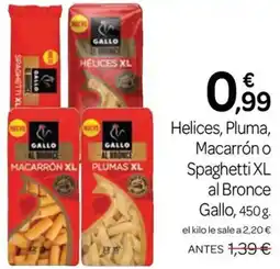 Supermercados El Jamón Gallo helices pluma macarron o spaghetti xl al bronce oferta