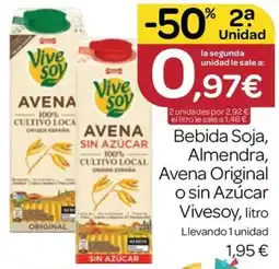 Supermercados El Jamón Vivesoy Bebida Soja, Almendra, Avena Original o sin Azúcar oferta