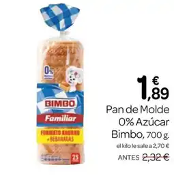 Supermercados El Jamón Bimbo pan de molde 0% azúcar oferta