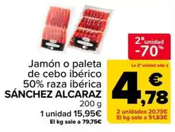 Carrefour Sánchez Alcaraz jamón o paleta de cebo ibérico 50% raza ibérica oferta