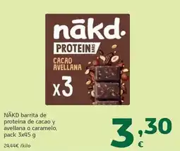 HiperDino Nakd - barrita de proteina de cacao y avellana o caramelo oferta