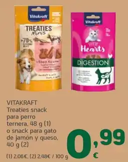 HiperDino Vitakraft Treaties snack para perro ternera, 48 g (1) o snack para gato de jamón y queso, 40 g (2) oferta