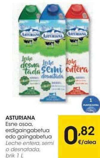 Eroski Asturiana leche entera, semi o desnatada oferta