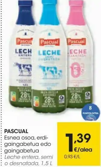 Eroski Pascual leche entera, semi o desnatada oferta