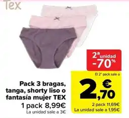 Carrefour tex pack 3 bragas, tanga, shorty liso o fantasía mujer oferta