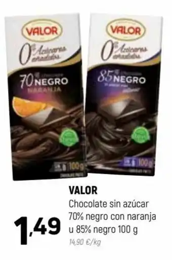 Coviran Valor Chocolate sin azúcar negro con naranja u 85% negro 100 g oferta