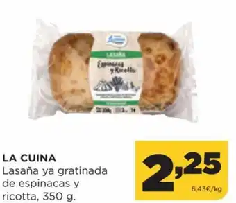 Alimerka La Cuina Lasaña ya Gratinada de Espinacas y Ricotta, 350 g. oferta