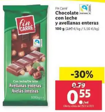 Lidl Fin Carré Chocolate con leche y avellanas enteras 100g oferta