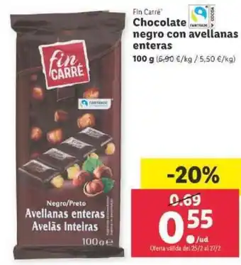 Lidl Fin Carré Chocolate negro con avellanas enteras 100g oferta