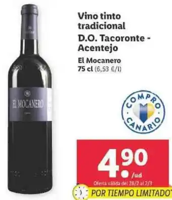 Lidl Vino tinto tradicional D.O. Tacoronte - Acentejo El Mocanero 75 cl oferta