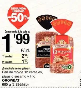 SPAR Oroweat Pan de molde 12 cereales, pipas o sésamo y lino 680g oferta