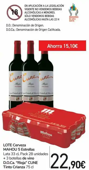 Carrefour Lote cerveza mahou 5 estrellas + 3 botellas de vino d.o.ca ''rioja'' cune tinto crianza oferta