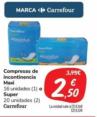 Carrefour Market Compresas de incontinencia maxi 16 unidades o super 20 unidades carrefour oferta