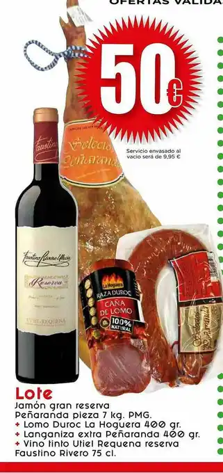 Proxi Lote Jamón Gran Reserva Peñaranda Pieza 7 Kg Pmg + Lomo Duroc La Hoguera 4øø Gr + Longaniza Extra Peñaranda 4øø G + Vino Tint oferta