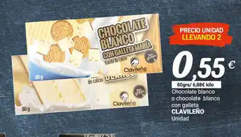 Supermercados Plaza Clavileño Chocolate blanco o chocolate blanco con galleta 80grs oferta