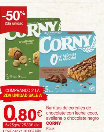 Supermercados Plaza Corny Barritas de cereales de chocolate con leche, coco avellana o chocolate negro 6x 25grs oferta